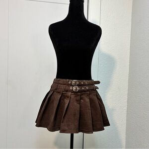 Y2K Brown Denim Pleated Mini Skirt Double Grommet Belted Grunge S Streetwear